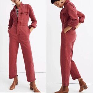 Madewell Garment Dyed Denim Slim Coverall Jumpsuit Long Sleeve Red Size 6